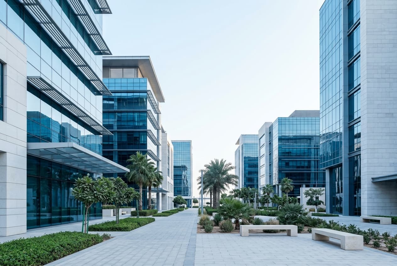 A view of modern glass office buildings in a UAE free trade zone