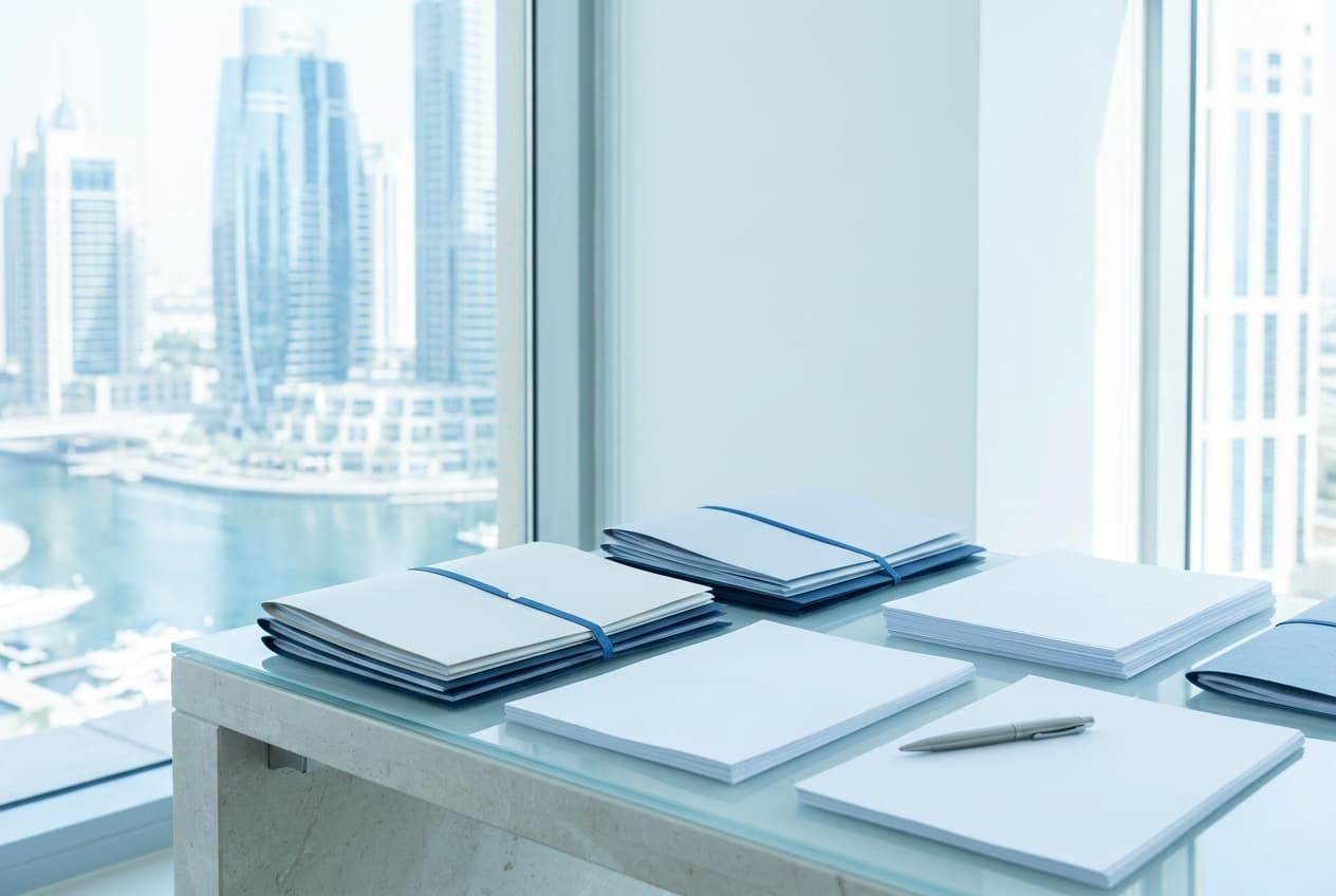 An organized desk with office folders and financial documents in an office overlooking the city