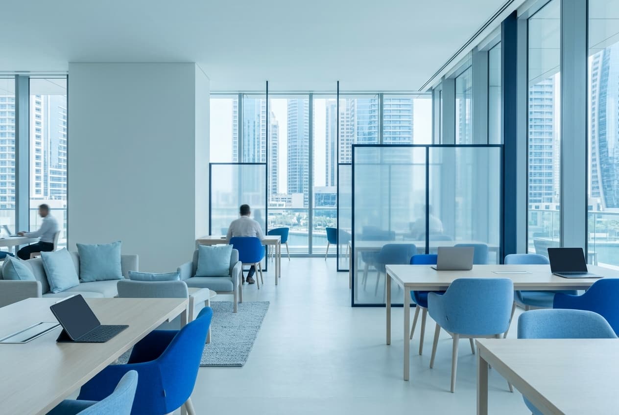 Modern co-working and innovation lounge in Dubai with minimalist design and natural light