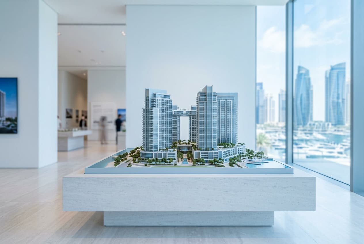Architectural scale model of contemporary residential towers in a Dubai property gallery