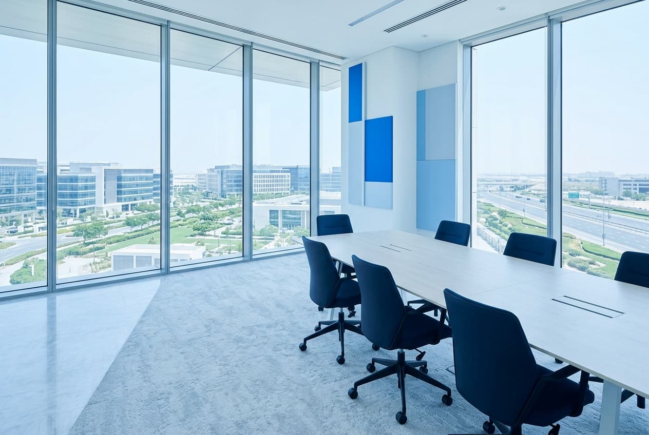 Modern corporate meeting room with glass windows overlooking a UAE business park