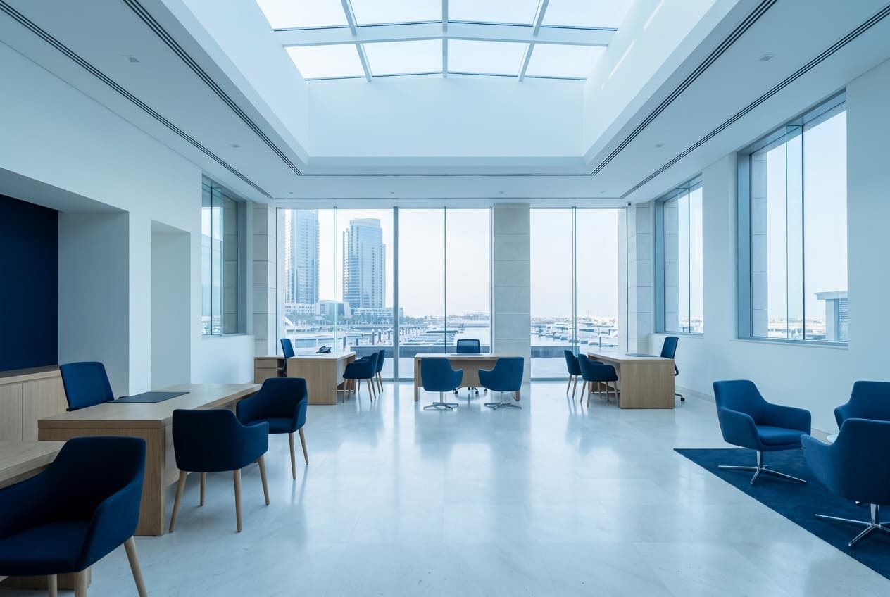 التصميم الداخلي لمركز خدمات حكومي حديث ومضاء في الإمارات