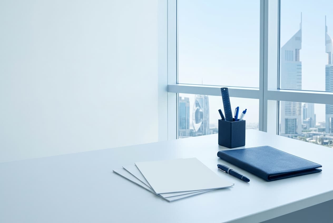 Corporate incorporation paperwork and a pen arranged neatly on a wooden desk in a bright office