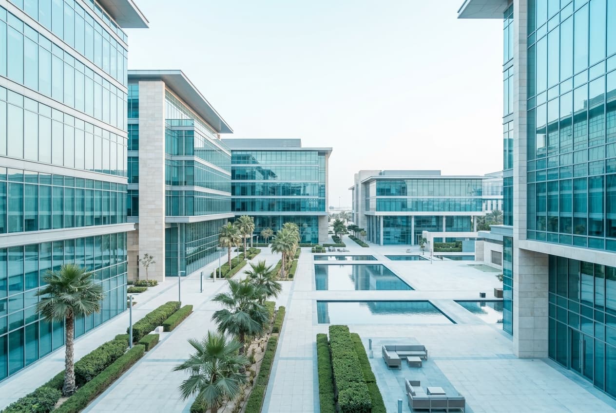 Modern glass office buildings and landscaped palm trees in a UAE free zone business park